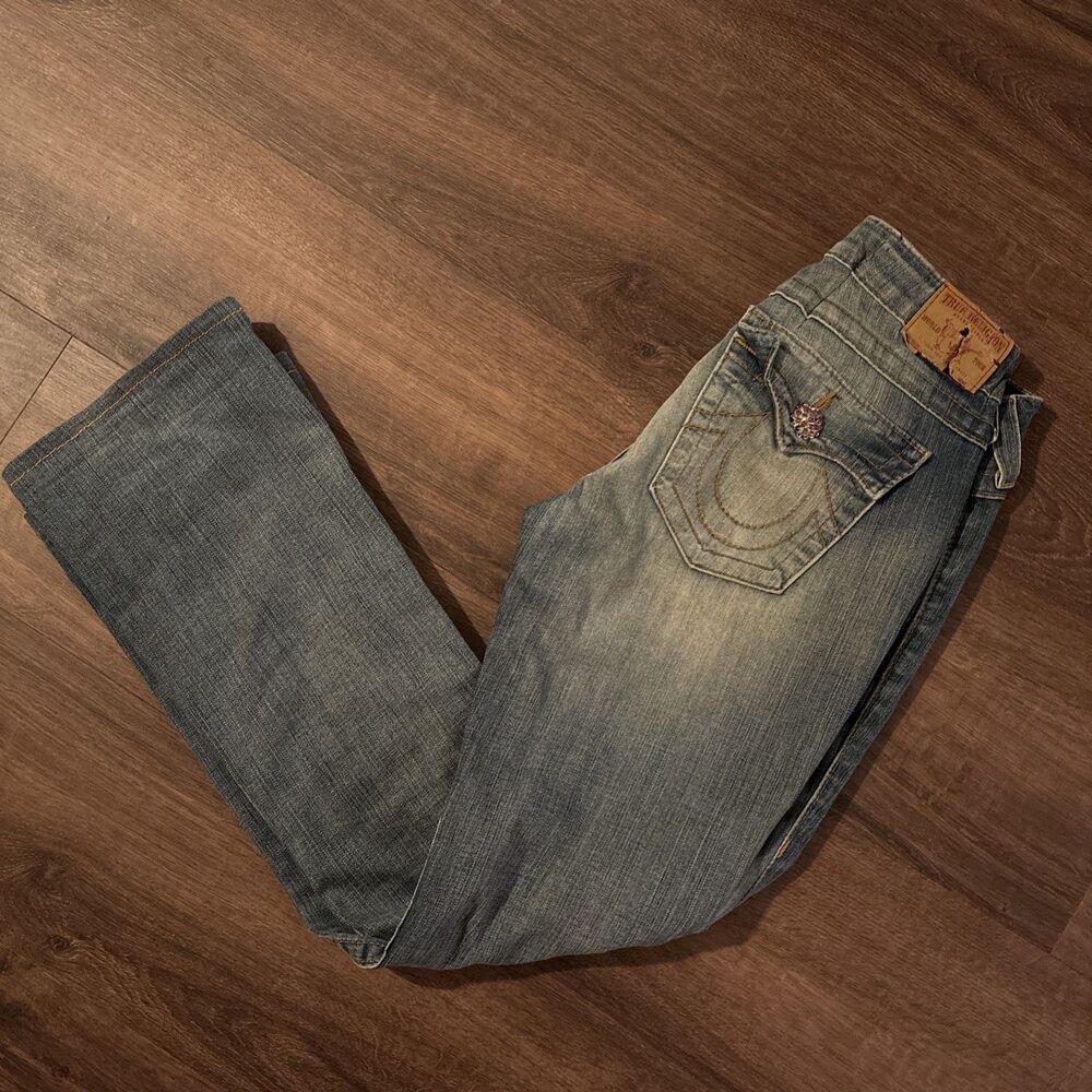 Women’s Vintage True Religion Light Wash Rhinestone Straight Leg Jeans Size 28